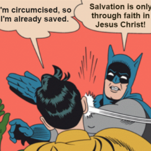 Circumcision to be saved or faith in Jesus to get saved (See Acts 15:1, Acts 15:5, Acts 15:24, and Galatians 5:2)
