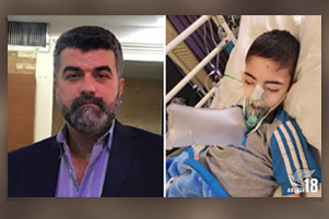 Two images; Yasser on the left, and his son, Amir-Ali, in a bed with an oxygen mask.