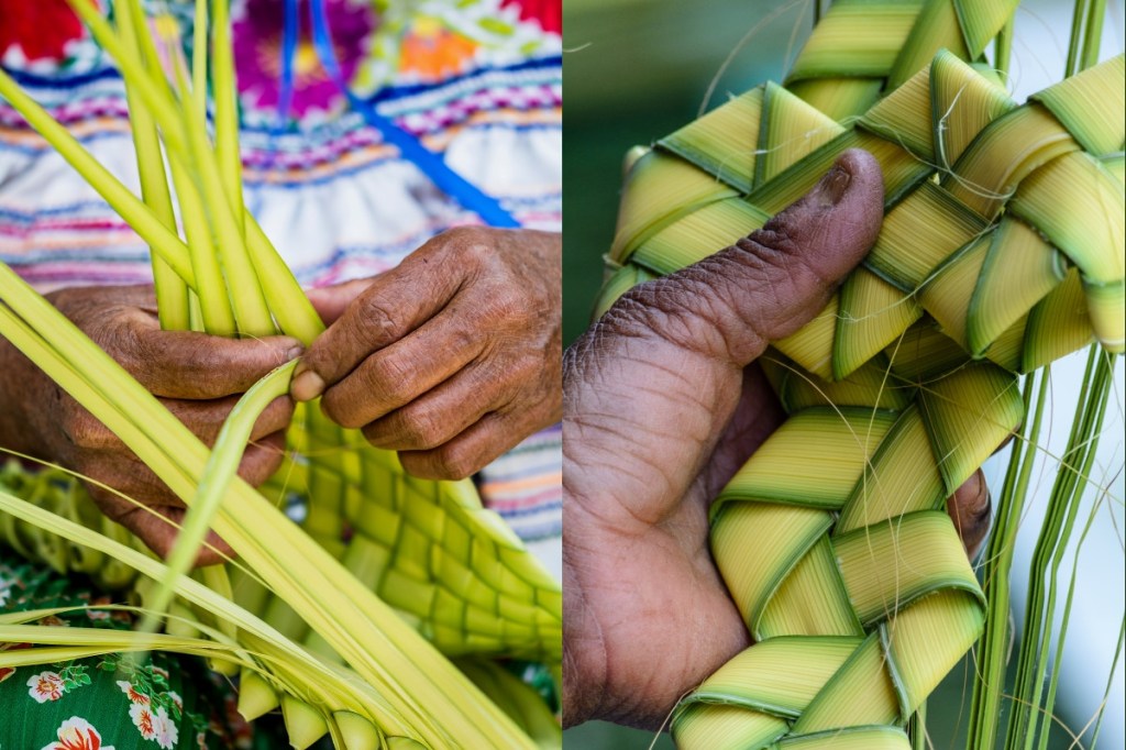 Tzeltal woman weaving palm (pechulej) for palm sunday in Chiapas