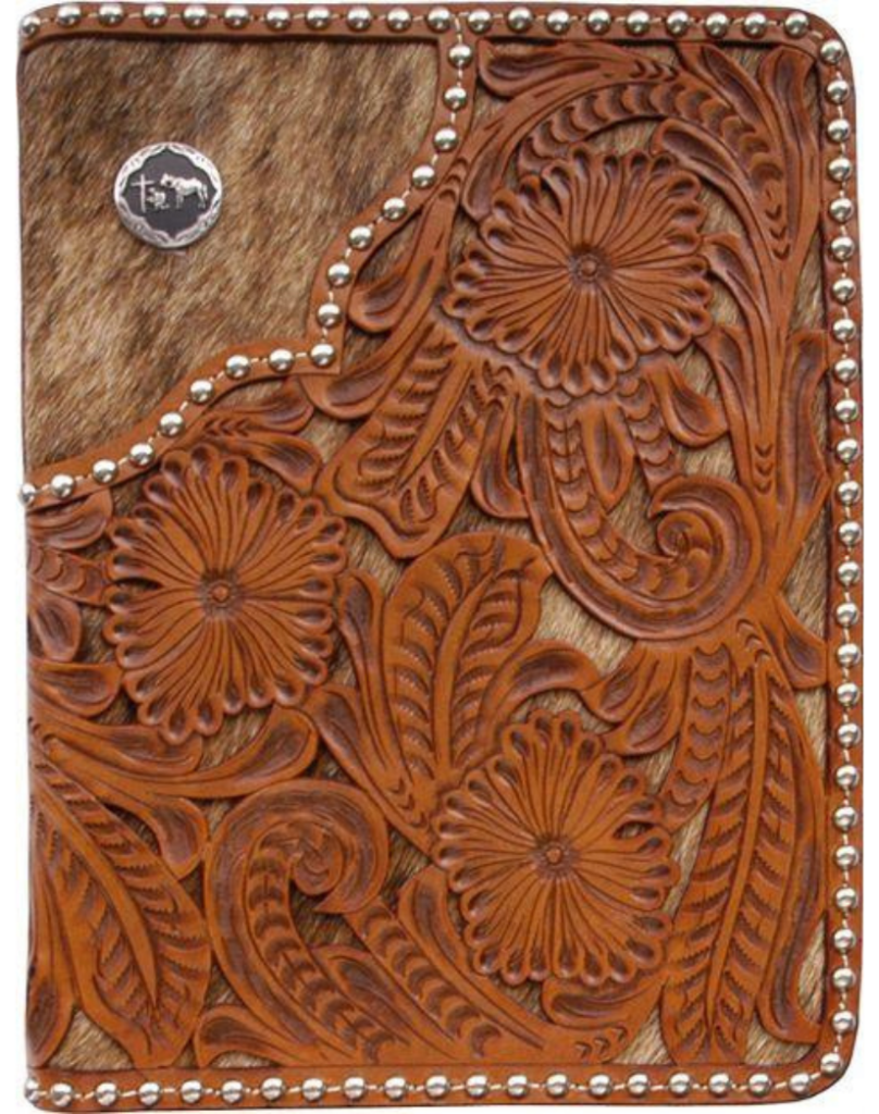 Western Natural Leather/Hair-On Bible Cover with Praying Cowboy Concho.