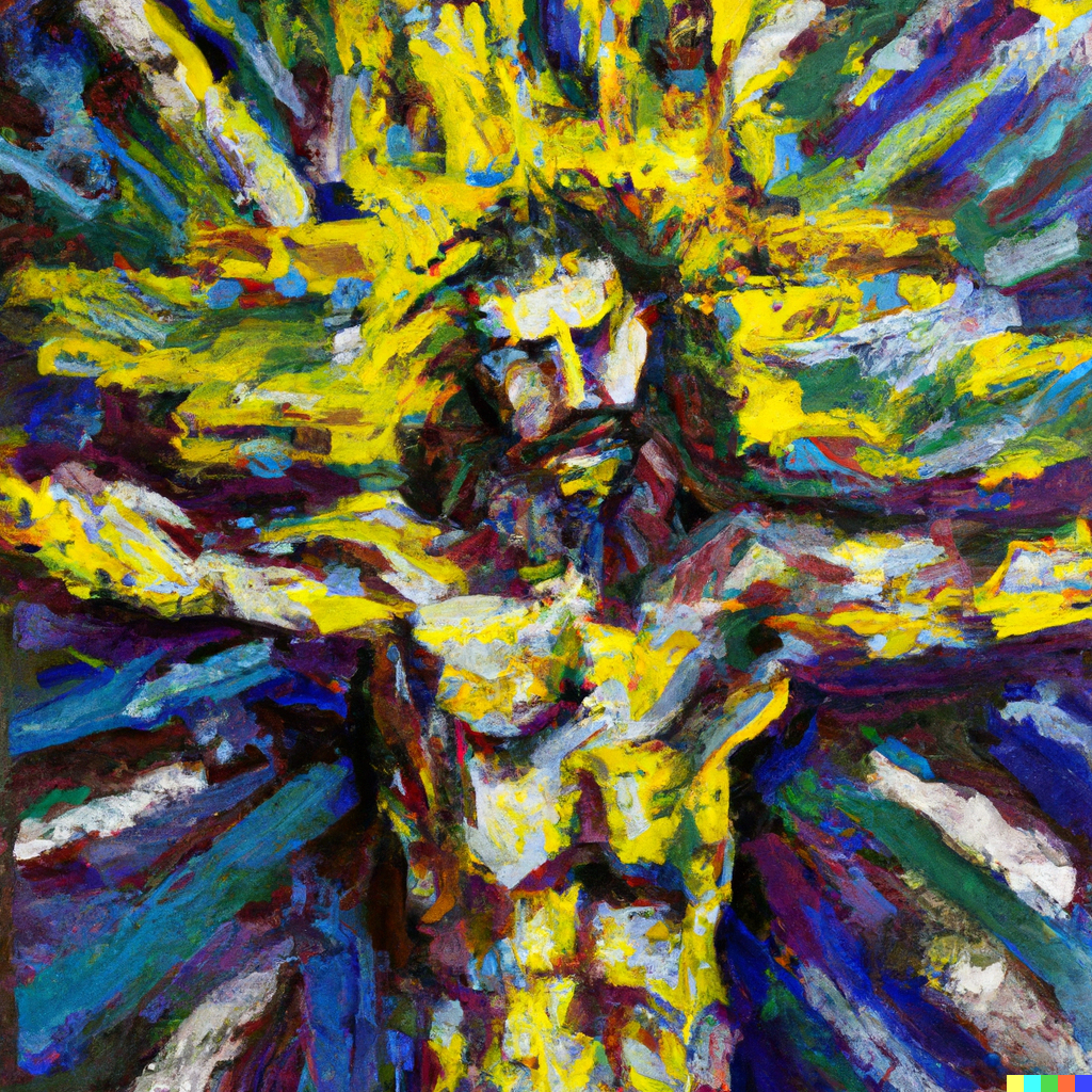DALL·E 2023-05-26 19.40.59 - an expressive oil painting of Jesus on the cross exploding out in...png