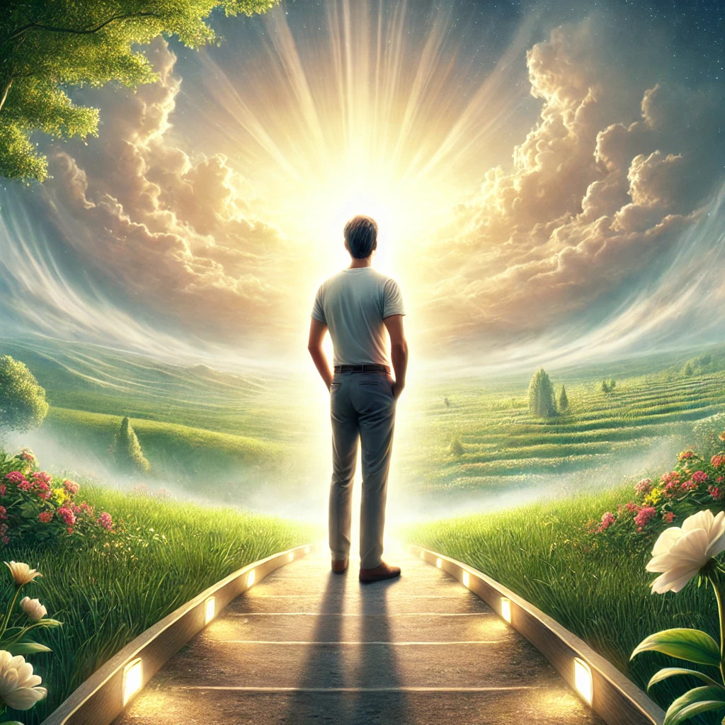 This illustration beautifully embodies the message of James 1:12 through a serene and uplifting visual. It features a lone figure advancing towards a glowing light along a path adorned with golden crowns, each symbolizing the crown of life awarded to those who steadfastly maintain their faith. The entire scene is designed to convey a feeling of tranquility, victory, and celestial assurance, reflecting the spiritual rewards of perseverance as described in the scripture.