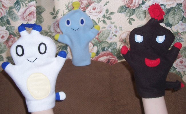 Neutral, Hero, and Dark Chao puppets.png