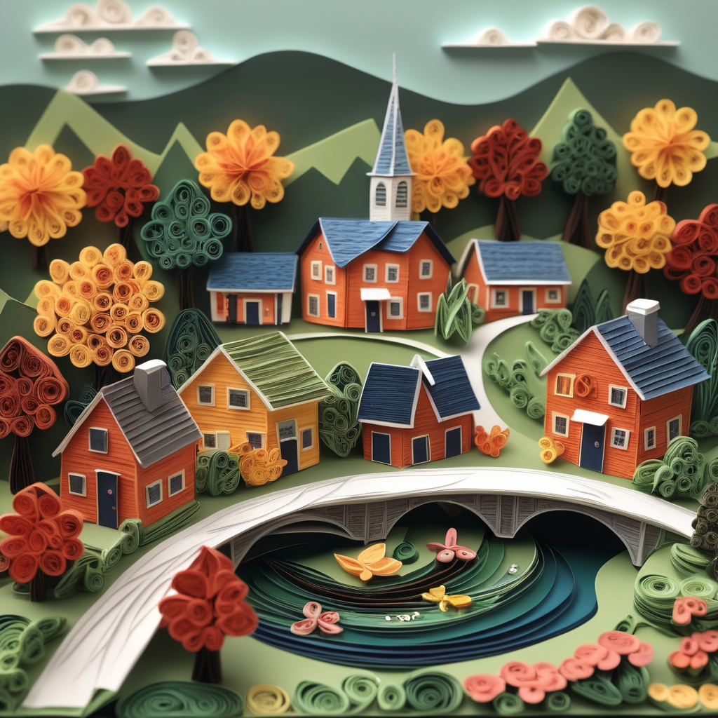 paper style Paper quilling style a small town in New England with a pond.png