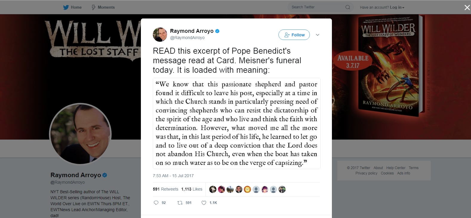 Raymond Arroyo Quoting Benedict XVI on 15 Jul 2017.jpg