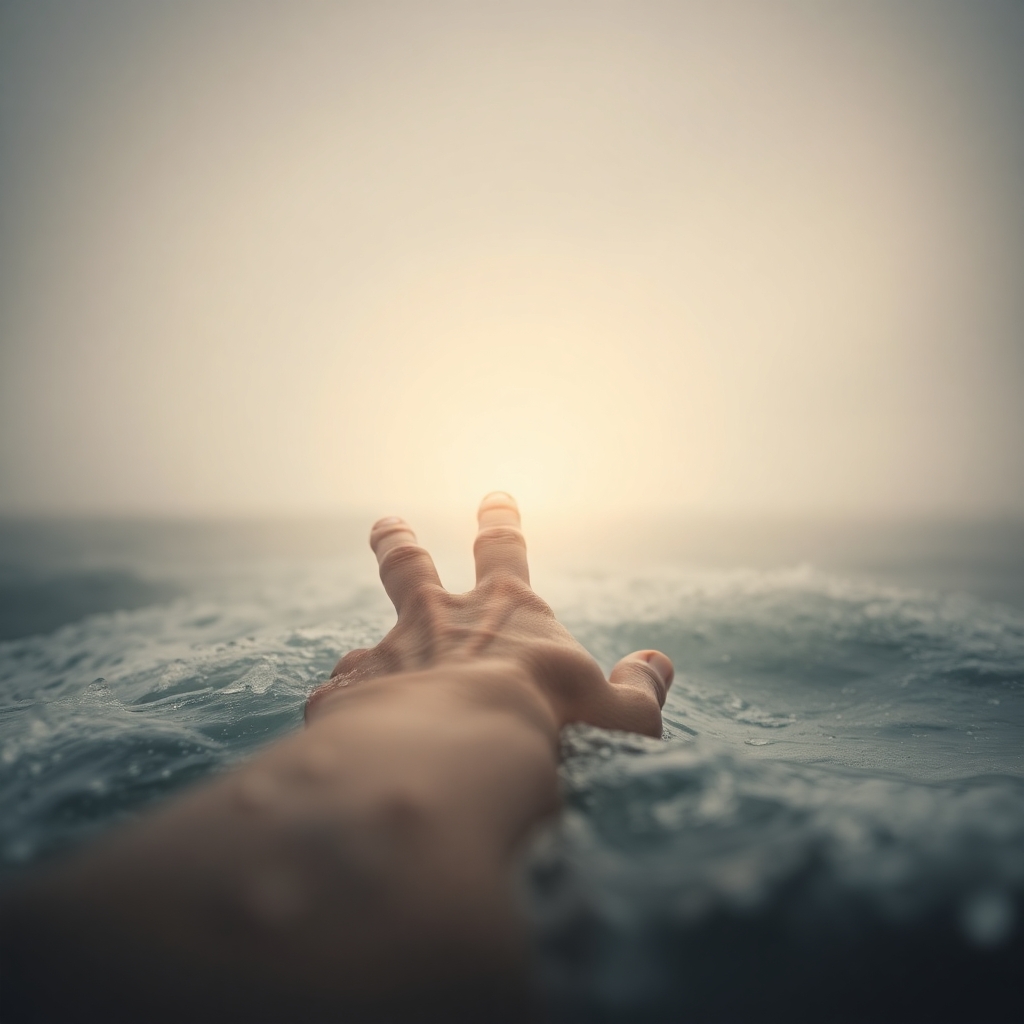 Soft cinematic haze, extreme macro close-up image a hand reaching towards light while sinking ...jpg