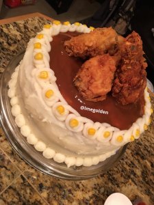 Birthday Cornbread Cake Iced with Mashed Potatoes Topped with Fried Chicken and Gravy.jpg