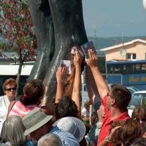 The Risen Lord Statue ozing miracle oil behind St. James Church in Medugorje.