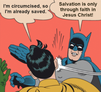 Circumcision to be saved or faith in Jesus to get saved (See Acts 15:1, Acts 15:5, Acts 15:24, and Galatians 5:2)