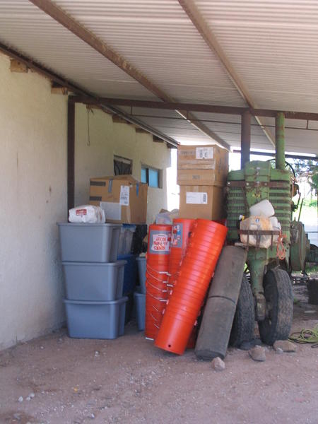 We take down a lot of stuff, this picture is a pile of stuff we had with us, including buckets of food and the orange buckets for water filtration.