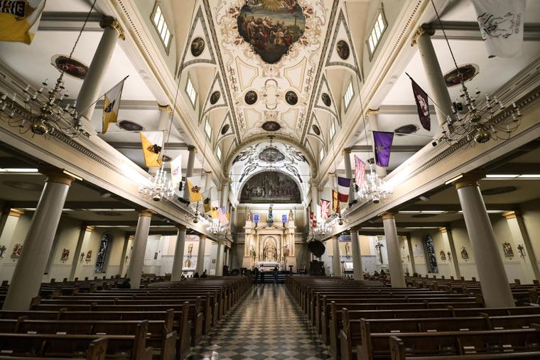 The ornate design of the St. Louis Cathedral is seen on February 17, 2021 within the Diocese of New Orleans, La. Investigators executed a search April 25, looking for documents, letters, email messages and personnel records, including records pertaining to assignments and transfers, according to an affidavit filed in Orleans Parish Criminal District Court in New Orleans.