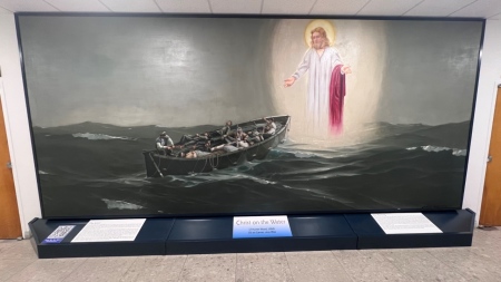 The 1944 painting 'Christ on the Water' by Hunter A. Wood on display in the basement of the chapel of the U.S. Merchant Marine Academy in Kings Point, New York.
