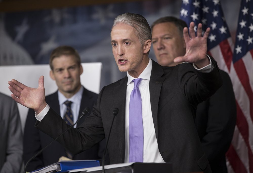 House Benghazi Committee Chairman Rep. Trey Gowdy, R-S.C., center, joined by Rep. Jim Jordan, R-Ohio, left, and Rep. Mike Pompeo, R-Kan. discusses the release of his final report on the 2012 attacks on the U.S. consulate in Benghazi, Libya, where a violent mob killed four Americans, including Ambassador Christopher Stevens, Tuesday, June 28, 2016, during a news conference on Capitol Hill in Washington. Republicans on the panel accuse the Obama administration of stonewalling important documents and witnesses but Democrats say the panel's primary goal is to undermine the presidential candidacy of Hillary Clinton who was secretary of state during the attacks. (AP Photo/J. Scott Applewhite)