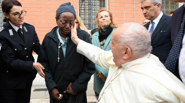 Pope Francis at the Rebibbia prison for women in Rome where he performed the Washing of the Feet of inmates during a private visit as part of Holy Thursday