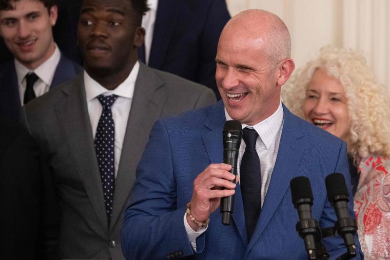 University of Connecticut Huskies men's basketball team coach Dan Hurley speaks during an event to celebrate their 2022-2023 NCAA Championship season at the White House in Washington, DC, on May 26, 2023. 