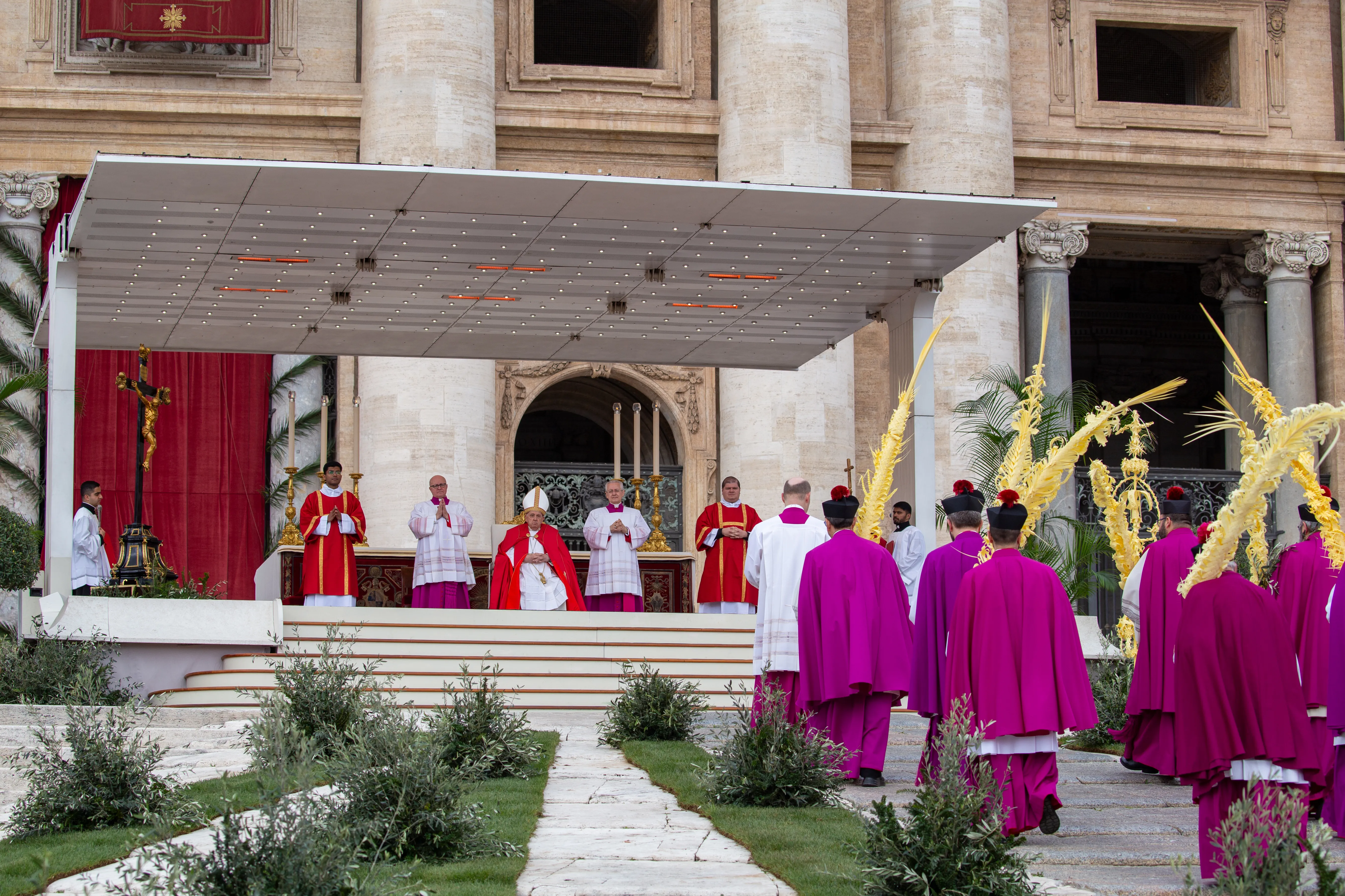 Cardinals carry intricately decorated palm branches in the Palm Sunday procession in St. Peter's Square on March 24, 2024. Bénédicte Cedergren/EWTN News