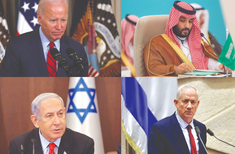  SAUDI CROWN PRINCE Mohammed bin Salman, Prime Minister Benjamin Netanyahu, National Unity Party head Benny Gantz, and US President Joe Biden all stand to gain or lose around the issue of Israel-Saudi normalization. (photo credit: LEAH MILLIS/REUTERS, MARC ISRAEL SELLEM/THE JERUSALEM POST, SAUDI PRESS AGENCY/REUTERS)