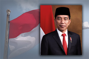President Joko Widodo with the Indonesian flag in the background.