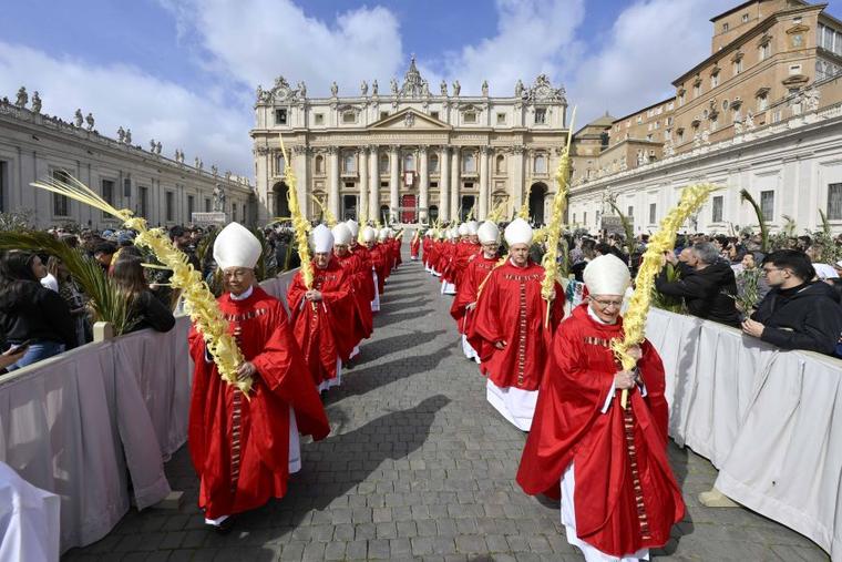 On Palm Sunday, hundreds of priests, bishops, cardinals and laypeople solemnly carried large palm branches in procession through St. Peter Square.