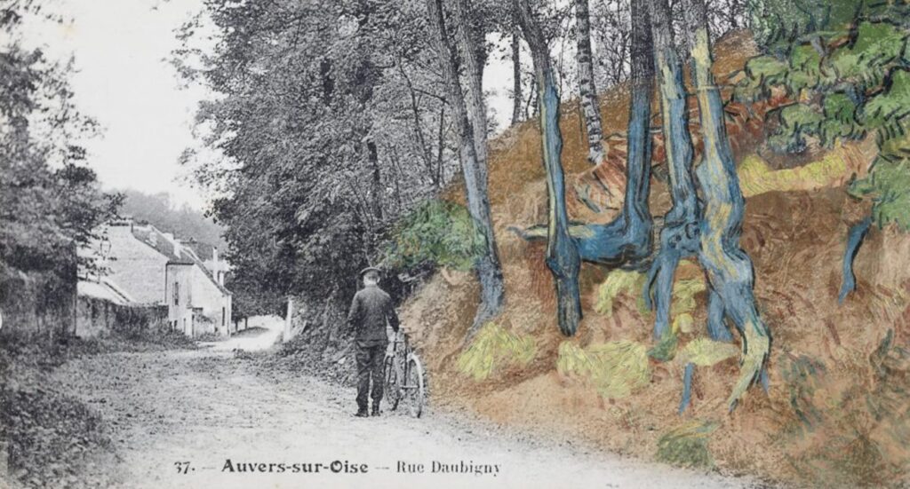 Postcard-Rue-Daubigny-Auvers-sur-Oise-overlaid-with-the-painting-Tree-Roots-1890-by-Vincent-van-Gogh.-%C2%A9arthe%CC%81non.-1024x551.jpg